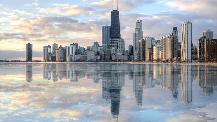 reflection, skyline, cityscape, city, water, skyscraper, sky, daytime, chicago, ilinois, metropolis, cloud, tower block, downtown, united states, usa, HD wallpaper