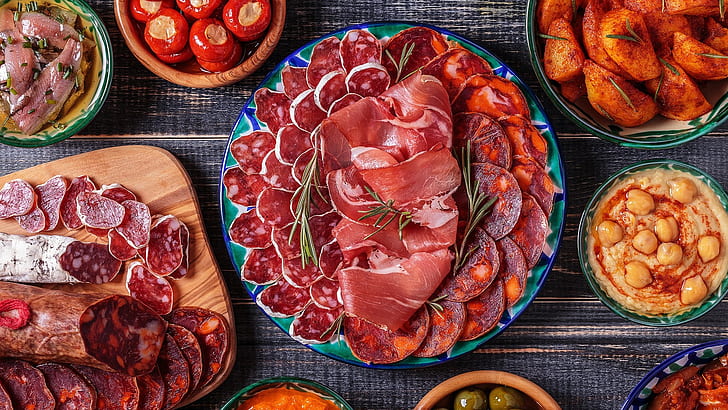 meat, chorizo, appetizer, charcuterie, cuisine, tapas, cold cut, picnic, rustic style, animal source foods, prosciutto, picnic table, rustic, spanish, HD wallpaper