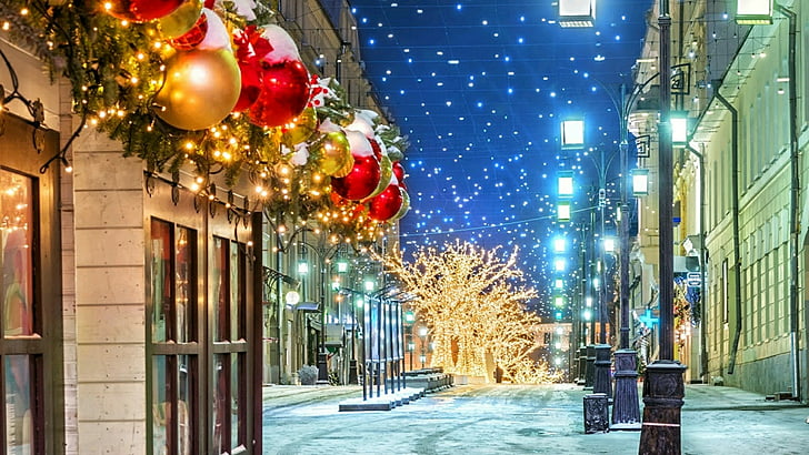 winter, christmas, city, christmas decoration, tree, lighting, snow, street, night, downtown, christmas lights, window, manezhnaya square, moscow, russia, HD wallpaper