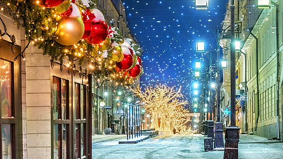winter, christmas, city, christmas decoration, tree, lighting, snow, street, night, downtown, christmas lights, window, manezhnaya square, moscow, russia, HD wallpaper HD wallpaper