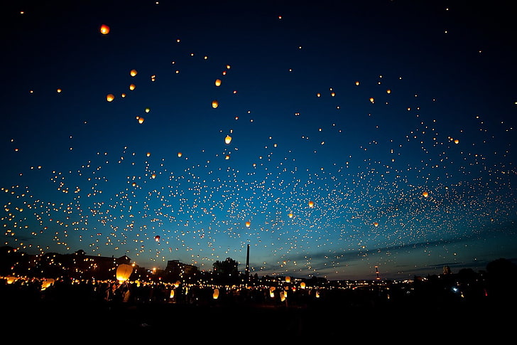 sky lanterns, floating, night, glowing, HD wallpaper