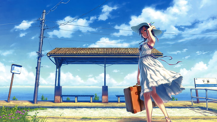 Anime, Women, Girl, Sea, Suitcase, Summer, HD wallpaper