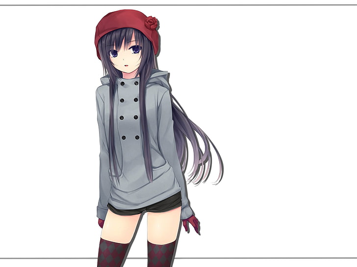 灰色のパーカーと赤い帽子の紫髪の少女キャライラスト アニメ アニメの女の子 Hdデスクトップの壁紙 Wallpaperbetter