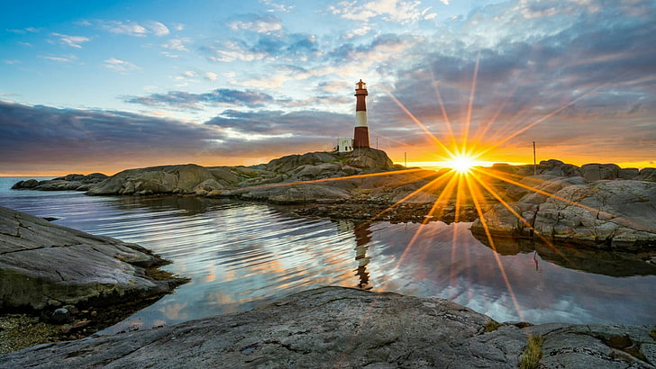 sea, lighthouse, sky, reflection, coast, tower, shore, egersund, europe, sunset, rogaland, norway, HD wallpaper
