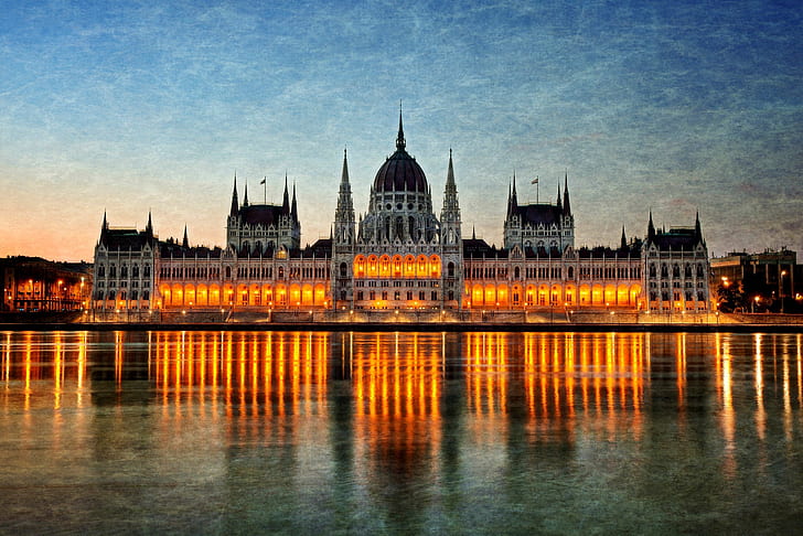 dawn lights architecture buildings hungary budapest rivers reflections parliament houses Nature Rivers HD Art , architecture, dawn, Lights, buildings, budapest, hungary, HD wallpaper