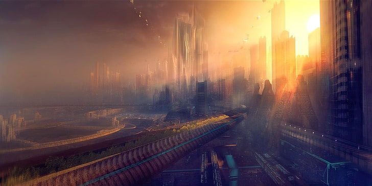 high-rise and low-rise buildings painting, futuristic city, science fiction, sunlight, cityscape, city, HD wallpaper
