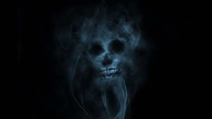 тапет за череп на призрак, череп, дим, циан, призрак, черен фон, HD тапет