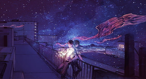 Anime, Original, Junge, Stadt, Nacht, Dach, Sterne, HD-Hintergrundbild HD wallpaper