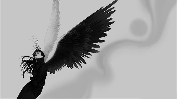 ilustrasi malaikat, monokrom, hitam, sayap, sayap malaikat, Wallpaper HD
