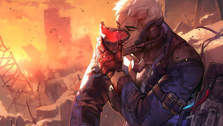Overwatch character wallpaper, Overwatch, Soldier: 76, mask, gun, war, white hair, scars, gloves, building, HD wallpaper