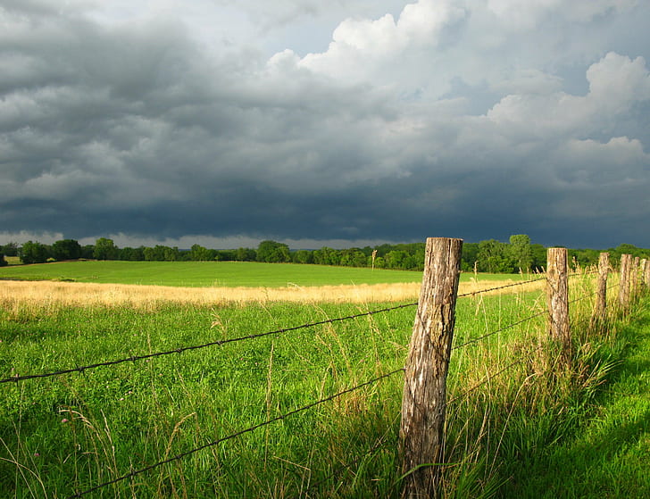 grass fields with fence, iowa, iowa, Iowa, Farmland, fields, fence, farm, clouds, storms, green, yellow  grass, stormy, skies, thunderstorms, I-35, nature, rural Scene, agriculture, field, sky, meadow, grass, outdoors, landscape, summer, cloud - Sky, land, scenics, blue, green Color, non-Urban Scene, HD wallpaper