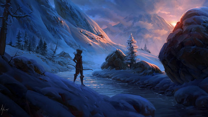 Schattenbild der Person stehend zusammengesetzten Bogen nahe Körper der Wassertapete, Fantasiekunst, Bogenschütze, Schnee, Gebirgspass halten, HD-Hintergrundbild