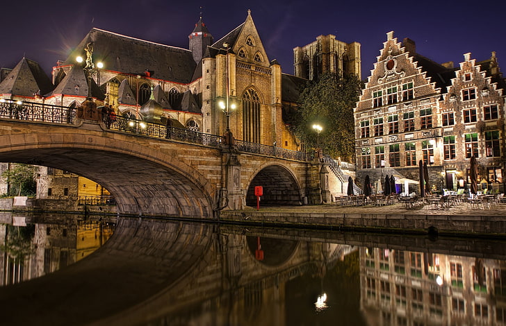 Ghent, Flanders, Belgia, Jembatan, Malam, Wallpaper HD