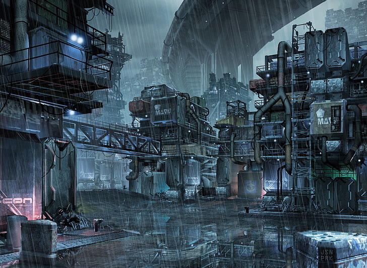 Hazır Oyuncu Bir bina, cyberpunk, fütüristik, yağmur, HD masaüstü duvar kağıdı