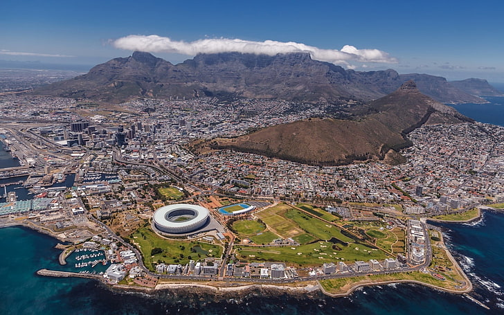 аэрофотосъемка городских горизонтов, городской пейзаж, пейзаж, стадион, Кейптаун, Столовая гора, HD обои