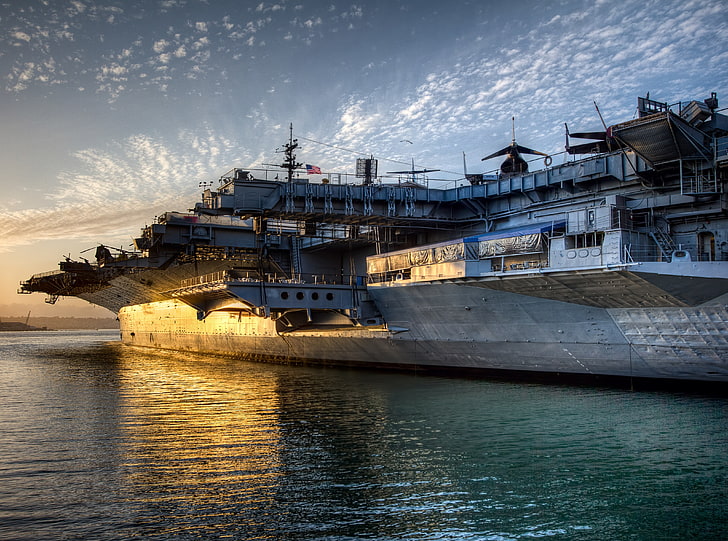 USS Midway, gray aircraft carrier, Army, Sunset, Light, Vessel, Military, carrier, Aircraft, midway, san diego, high quality, USS Midway, San Diego Bay, Aircraft Carrier, US Navy, Navy Ship, High Resolution, HD wallpaper