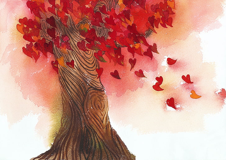 마음 붉은 나무 그림, 잎, 사랑, 나무, 마음 단풍, HD 배경 화면