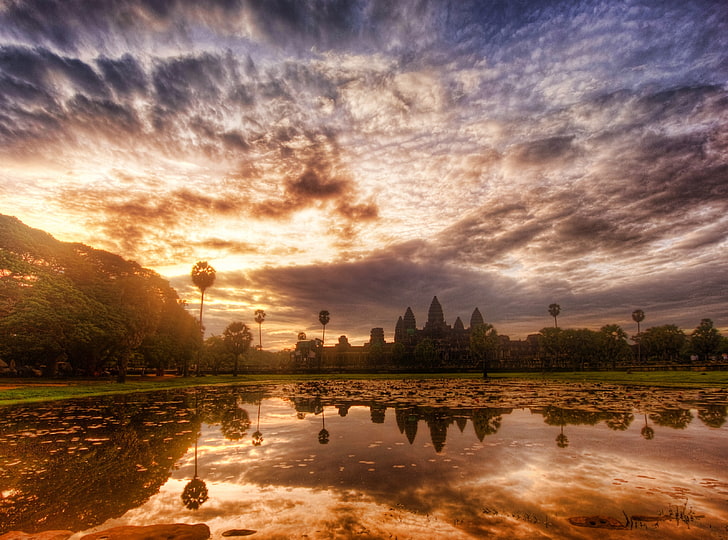 Papel de parede Angkor Wat Camboja HD, corpo de água, Ásia, Camboja, Cidade, Pôr do sol, Água, Nuvens, antiga, Angkor Wat, Cambogia, HD papel de parede