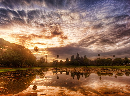 Angkor Wat Cambodia HD Wallpaper, cuerpo de agua, Asia, Camboya, Ciudad, Puesta de sol, Agua, Nubes, antigua, angkor wat, Cambogia, Fondo de pantalla HD HD wallpaper