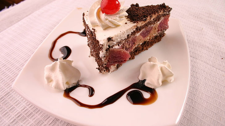 fatia de cereja branca coberta cereja no topo bolo, comida, bolo, sobremesa, HD papel de parede