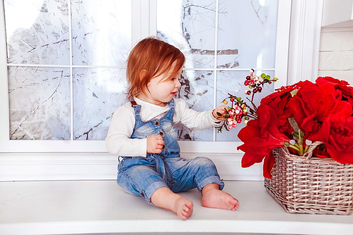 adorable, baby, basket, beautiful, child, curious, cute, denim, flowers, girl, happy, innocence, joy, kid, little, person, portrait, room, toddler, window, young, HD wallpaper
