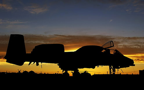 Fairchild A-10 Thunderbolt II, avion, avion militaire, silhouette, coucher de soleil, Fond d'écran HD HD wallpaper