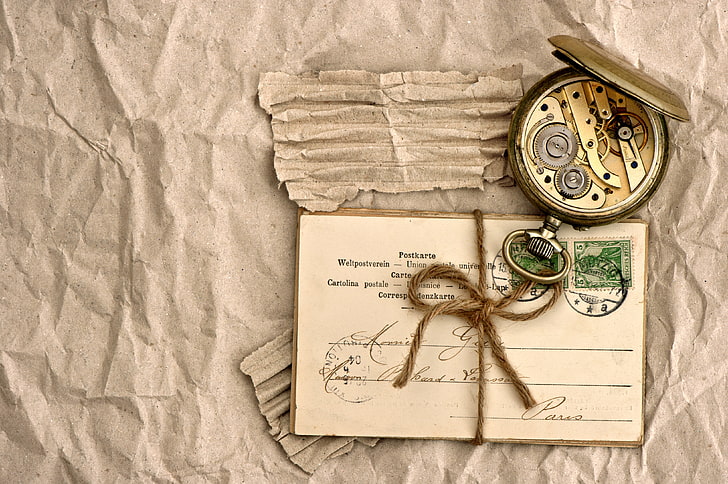 gold-colored pocket watch, mechanism, cardboard, vintage, rope, brand, HD wallpaper
