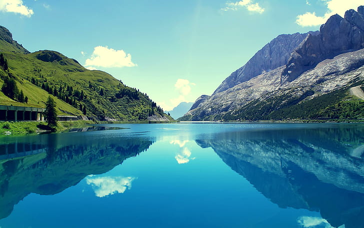 Marmoleda Mountain Reflections, blue water, mountain, reflections, marmoleda, HD wallpaper