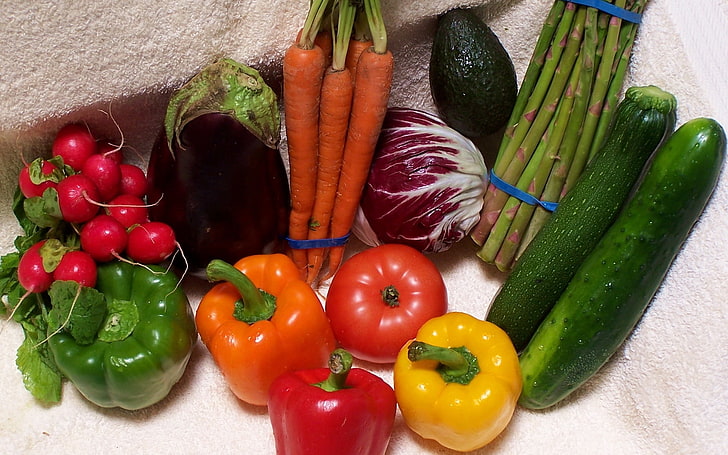 variety of vegetables, vegetables, carrots, pepper, garden radish, cucumber, HD wallpaper