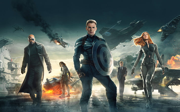 Marvel Avengers splash art, Captain America: The Winter Soldier, Chris Evans, Captain America, Black Widow, Scarlett Johansson, Samuel L. Jackson, Nick Fury, HD wallpaper