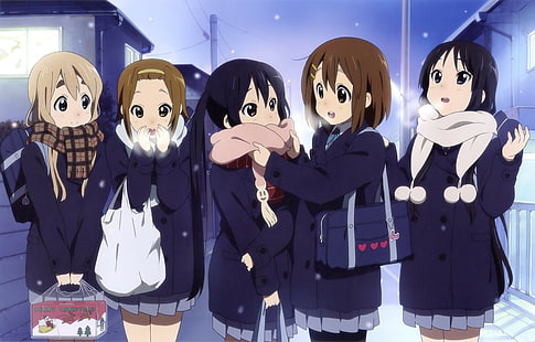 anime, inverno, K-ON !, Kotobuki Tsumugi, Tainaka Ritsu, Nakano Azusa, Hirasawa Yui, Akiyama Mio, Sfondo HD HD wallpaper