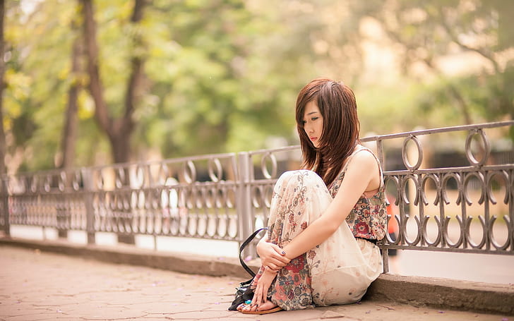 Gadis kesedihan Asia, duduk di jalan, Kesedihan, Asia, Gadis, Duduk, Jalan, Wallpaper HD
