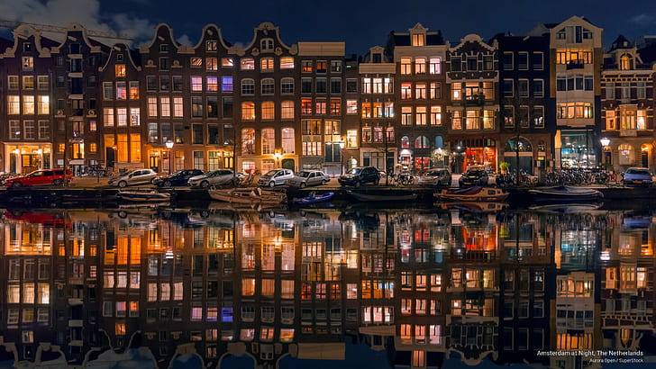 Amsterdam la nuit, Pays-Bas, Architecture, Fond d'écran HD