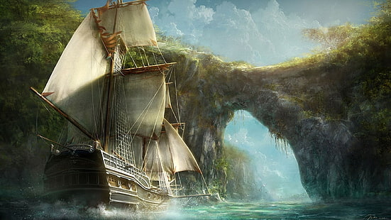 wallpaper kapal galleon, karya seni, perahu, kapal, berlayar, seni digital, Wallpaper HD HD wallpaper