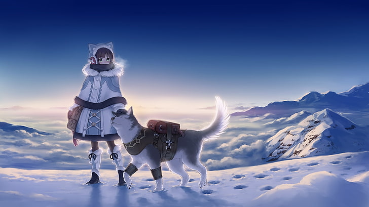 anime girl, winter, wolf, snow, landscape, clean sky, Anime, HD wallpaper