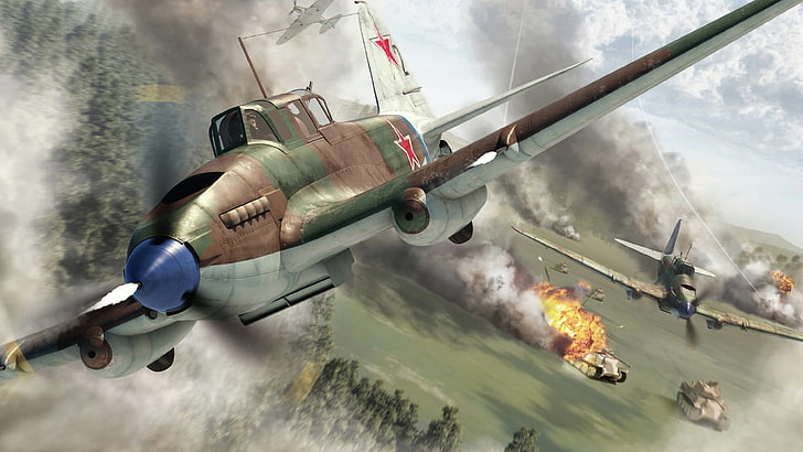 green and gray airplane, the plane, attack, Panther, art, flying tank, the, combat, WWII, link, double, Il-2, WW2., option, tanks, German, history, mass, 1944., column, HD wallpaper