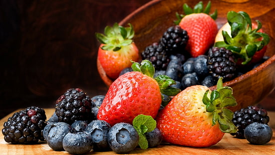 과일, 딸기, 블랙 베리, 그릇, 블루 베리, HD 배경 화면 HD wallpaper
