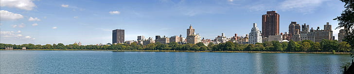Ню Йорк, троен екран, широкоъгълен, град, градски пейзаж, Манхатън, HD тапет