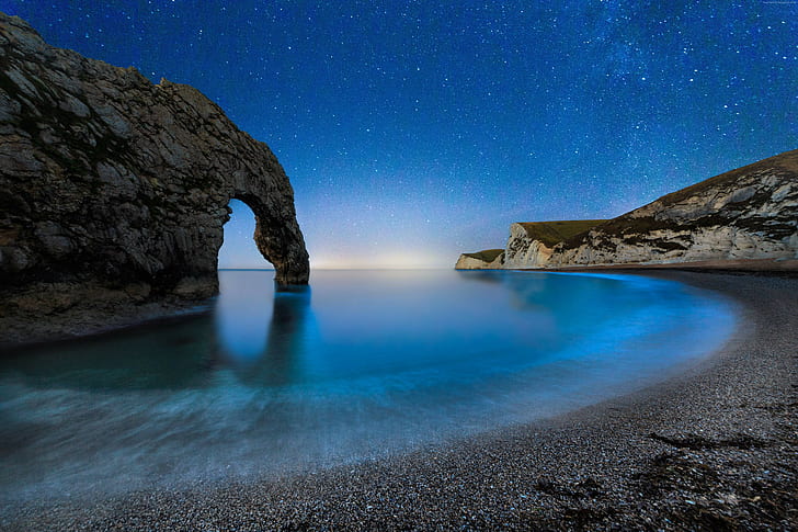 England, 5k, night, Durdle Door, stars, 4k, sea, beach, HD wallpaper