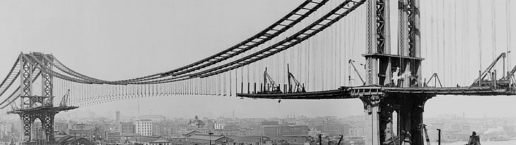 photo en niveaux de gris de pont, construction, Manhattan Bridge, vieilles photos, Fond d'écran HD