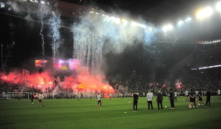 Arena Corinthians, stade, Corinthians, football, fusées éclairantes, Fond d'écran HD