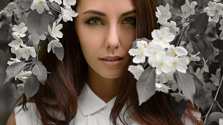 ritratto, Sergey Fat, donne, fiori, viso, Sfondo HD