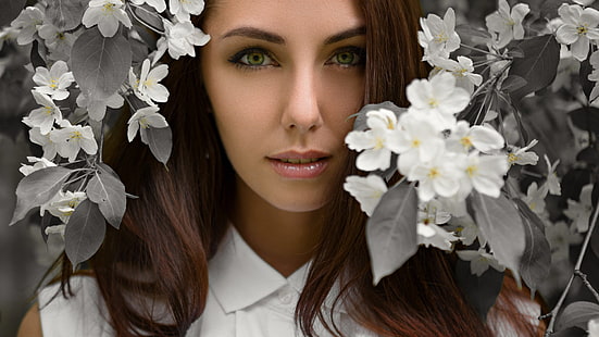 портрет, Сергей Жир, женщины, цветы, лицо, HD обои HD wallpaper