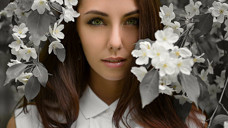 kobiety, twarz, Sergey Fat, portret, kwiaty, Tapety HD