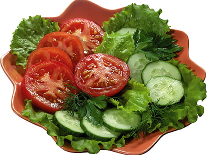rodajas de tomates y pepinos, rodajas de verduras, lechuga, tomates, pepinos, Fondo de pantalla HD HD wallpaper