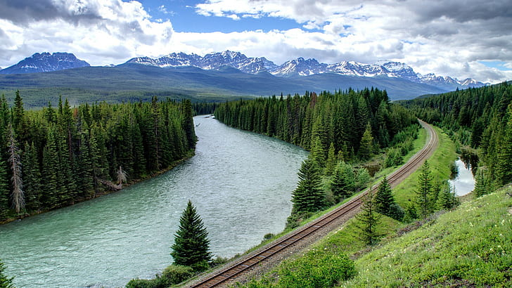 paisaje, río, bosque, ferrocarril, naturaleza, montañas, Fondo de pantalla HD