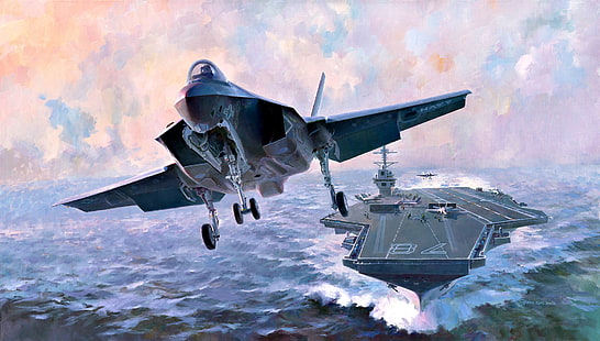 Myśliwce odrzutowe, Lockheed Martin F-35 Lightning II, Samoloty, Lotniskowiec, Artystyczne, Myśliwiec odrzutowy, USS Gerald R. Ford (CVN-78), Warplane, Okręt wojenny, Tapety HD HD wallpaper