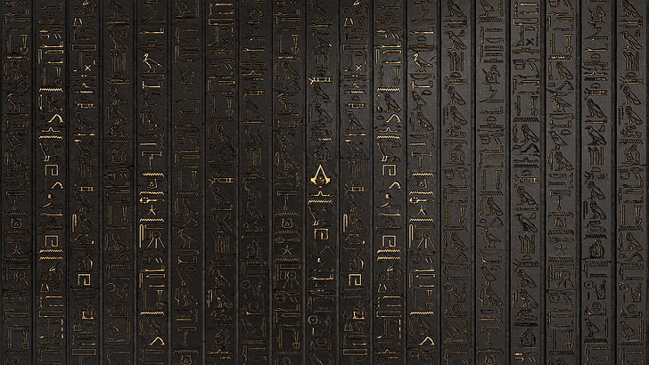 Hieroglyphics, digital art, artwork, video games, Assassin's Creed, wall, hieroglyphs, engraving, symbols, Assassin's Creed: Origins, HD wallpaper