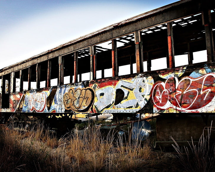 graffiti, train, abandoned, HD wallpaper