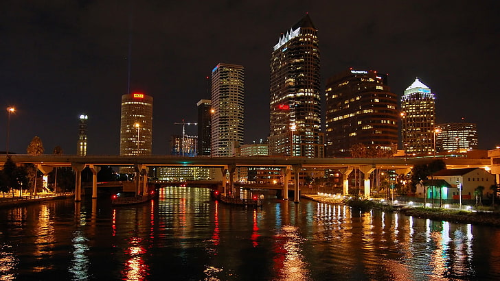cityscape, city, building, reflection, Tampa, Florida, night, HD wallpaper